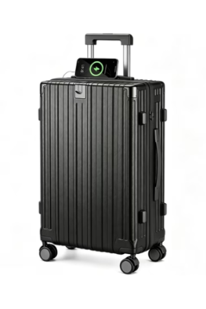 JaxShark 24‑Inch Hardside Checked Luggage with USB Charging Port & Cup Holder, Black