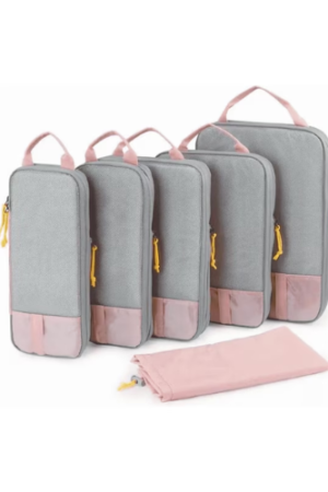 FAKYFJ Compression Packing Cubes for Travel, 6 Pcs Expandable Foldable Lightweight Packing Organizers for Luggage and Suitcases, Baby Pink