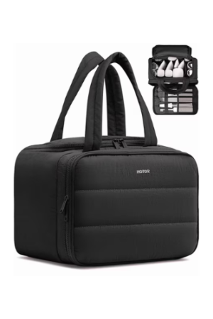 HOTOR Toiletry Bag for Women, Travel Size Toiletry, Wide-Open Makeup Bag with Handle, Wet & Dry Separation, 11.3" x 5.8" x 8.2", Black