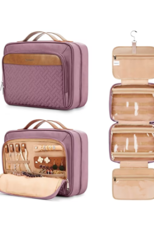 Travel Hanging Toiletry Bag for Women, Extra Large Makeup Bag, Holds Full-Size Shampoo, with Jewelry Organizer Compartment, Waterproof Cosmetic Bag, Toiletries Kit Set with Trolley Belt, Dark Purple