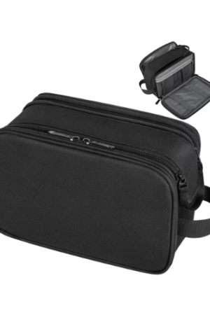 Toiletry Bag for Men, PU Leather Travel Toiletry Organizer with Handle, Water Resistant Travel Essentials for Women, Travel Storage Bags with Divider for Cosmetics Toiletries Brushes Tools, Black