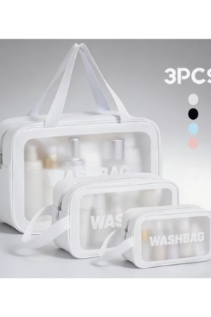 Transparent Cosmetic Toiletry Storage Bag Collapsible Large Handheld Storage Makeup Bag Kit for Travel with Makeup or Toiletries,Zipper, White, 3 Piece