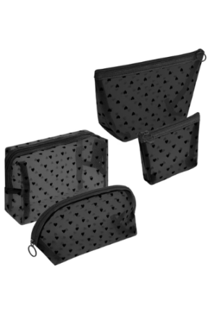 DODAMOUR 4 Pieces Mesh Cosmetic Bags, Portable Travel Mesh Makeup Bag, Heart Print Zipper Pouch Toiletry Bag for Women Girls (Black)
