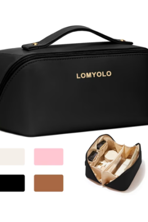 Lomyolo Large Capacity Makeup Bag for Women, 9.8L Waterproof Travel Cosmetic Organizer Toiletry Bag with Brush Pouch, Open Flat Toiletry Bag, Portable Lightweight Leather Cosmetic Bags - Black