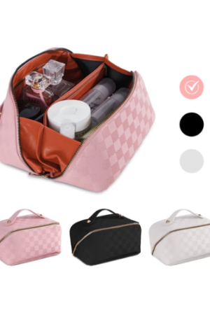 FETERVIC Travel Makeup Bag,Large Capacity Cosmetic Bags for Women,Waterproof Portable Pouch Open Flat Toiletry Bag Make up Organizer with Divider and Handle，Pink