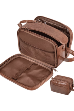 Large Travel Toiletry Bag for Men and Women, PU Leather Water Resistant Shaving Bag for Toiletries Accessories, Hanging Storage Bag Dopp Kit Travel Bag for Cosmetics Toiletries Brushes Tools, Brown