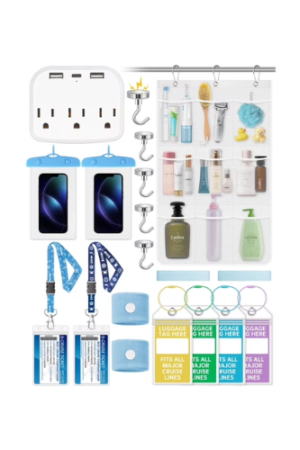 NiHome 19-Piece Cruise Trip Essentials Kit – Power Strip, Waterproof Phone Bags, Luggage Tag Holders, Magnetic Hooks, Cruise Card Lanyards, Towel Bands, Anti-Seasickness Bands & Shower Organizer Bag