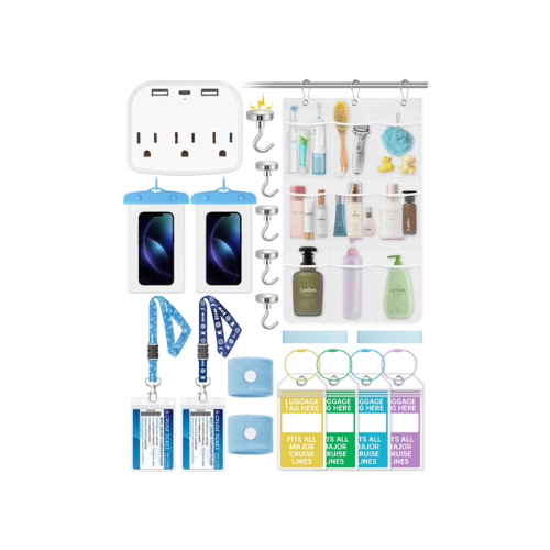 NiHome 19-Piece Cruise Trip Essentials Kit – Power Strip, Waterproof Phone Bags, Luggage Tag Holders, Magnetic Hooks, Cruise Card Lanyards, Towel Bands, Anti-Seasickness Bands & Shower Organizer Bag