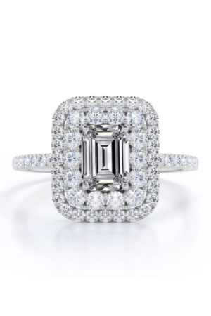 JeenMata 1.5 Carat Emerald Cut Moissanite Engagement Ring - Bridal Ring - Double Halo Ring - Cluster Ring - 18k White Gold Plating for Women