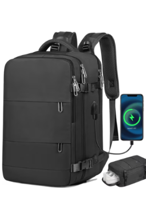 DAKOMM 17.7" Travel Backpack with USB Port & Shoe Compartment, TSA-Approved Laptop Carry On Backpack, Waterproof Large Daypack Travel Bag for Women Men Weekender Trips, Business & Hiking, Black