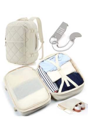 BAGSMART Travel Backpack, 30L Flight Approved Carry on Backpack with Door Lock, 17.3 Inch TSA Personal Item Backpack with Shoe Bag,Suitcase for Travel, Cream