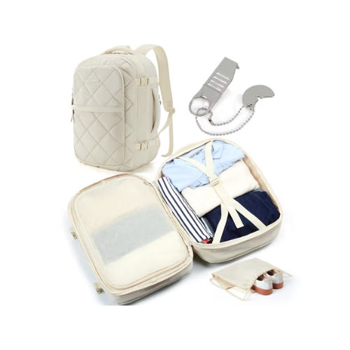 BAGSMART Travel Backpack, 30L Flight Approved Carry on Backpack with Door Lock, 17.3 Inch TSA Personal Item Backpack with Shoe Bag,Suitcase for Travel, Cream