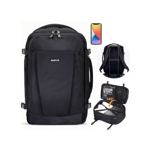 WANDF Airline Approved Travel Backpack with USB Port, 30L Waterproof Carry On Personal Item Bag 18x14x8 for Men Women, 13 Pockets Laptop Weekender Backpack, Daypack for Business Travel Gym,Black