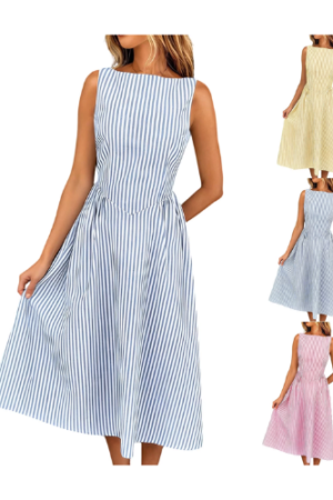 FRSASU Women's Cotton Linen Dress Sleeveless Round Neck Striped Midi Dress