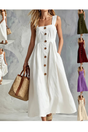 Gamivast Dresses for Women Linen Sleeveless Square Neck Button