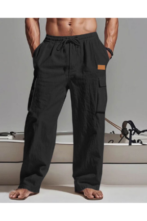 Axiiglly Cotton Linen Pants Men Drawstring Elastic Waist Summer Beach Vacation Pants with Pockets, S-3XL