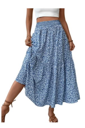 TEMOFON Womens Maxi Skirt Tiny Floral Casual Elastic Waist