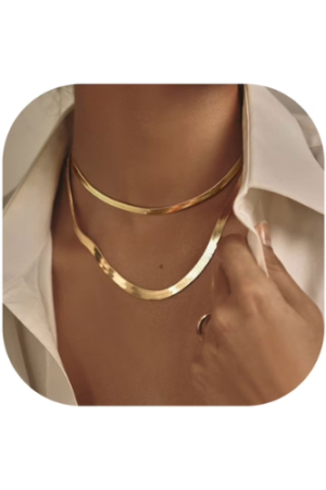 FindChic 2pcs 14K Gold Plated Necklaces for Women Layered Herringbone Choker Snake Chain Birthday Mothers Day Jewelry Gifts Her Mom Wife Lady Female Adults Age Ideas, 3mm & 5mm