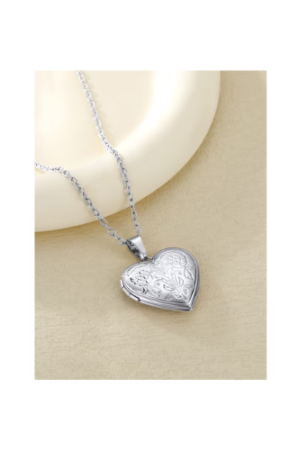 U7 Silver Flower Grain Pendant Heart Locket Necklace for Women Daughter Mother's Day Valentine Personalized Memorial Gift Custom Love Heart Necklaces