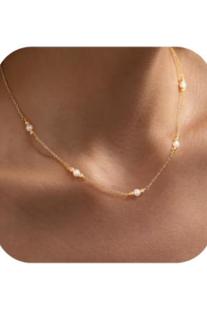 Turandoss Gold Plated Pearl Necklace for Women Pearl Statement Station Choker Necklace Dainty 14K Gold Plated Cute Station Trendy Prom Jewelry Gifts for Women Girl Her