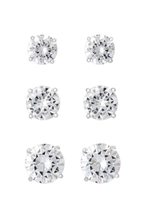 Believe by Brilliance, Women's Fine Silver Plated Cubic Zirconia Round Stud Earrings, 3 Pack